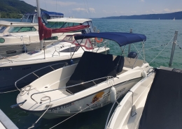 Bimini Top Galerie 10 Dunkelblaues Bimini Top auf Sportboot auf dem See